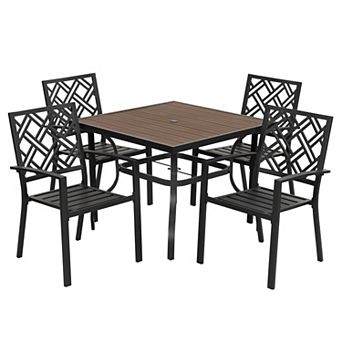 5 pc Patio Dining Set with Umbrella Hole, Faux Wood Top, Stackable Design, Black