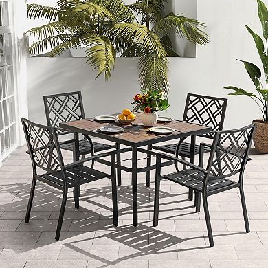 5PCS Patio Dining Set with Umbrella Hole, Faux Wood Top, Stackable Design, Black