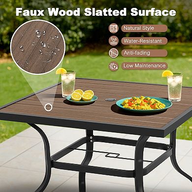 5PCS Patio Dining Set with Umbrella Hole, Faux Wood Top, Stackable Design, Black