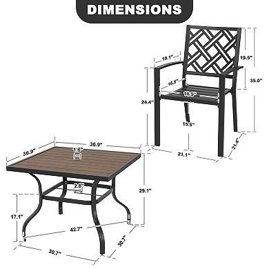 5PCS Patio Dining Set with Umbrella Hole, Faux Wood Top, Stackable Design, Black