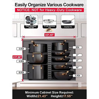 Adjustable Pots and Pans Organizer Rack with Eight Tiers for Cabinet Storage