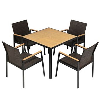 Outdoor 5 pc Acacia Wood Wicker Patio Dining Set with Umbrella Hole, Black and Brown