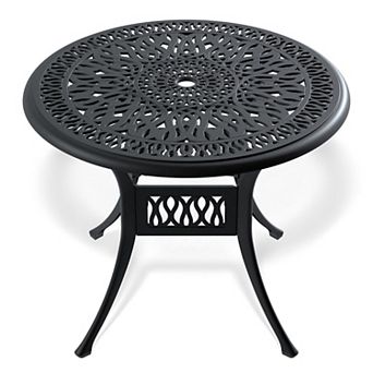 WOW PIONEER Round Cast Aluminum Patio Dining Table with Umbrella Hole and Black Frame