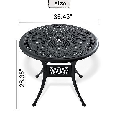 WOW PIONEER Round Cast Aluminum Patio Dining Table with Umbrella Hole and Black Frame