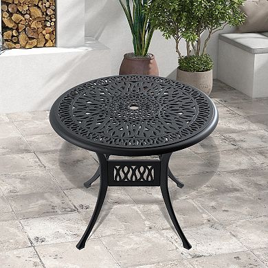 WOW PIONEER Round Cast Aluminum Patio Dining Table with Umbrella Hole and Black Frame