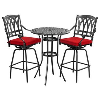 Outdoor 3 pc Cast Aluminum Swivel Bar Set with Umbrella Hole, Olefin Cushions, Black and Red