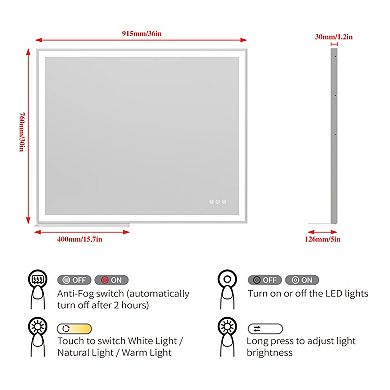ELEMENT ACE 30x36 Inch LED Bathroom Vanity Mirror with Anti-Fog and Adjustable Lighting