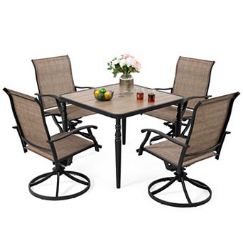 5 pc Patio Dining Set with Faux Wood Top Table, Textilene Swivel Chairs，Black and Brown