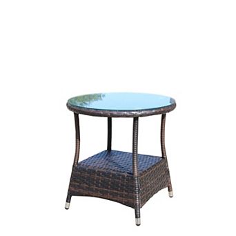 WOW PIONEER Round Outdoor Patio Coffee Table with Clear Tempered Glass Top