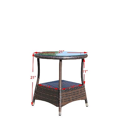 WOW PIONEER Round Outdoor Patio Coffee Table with Clear Tempered Glass Top
