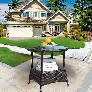 WOW PIONEER Round Outdoor Patio Coffee Table with Clear Tempered Glass Top