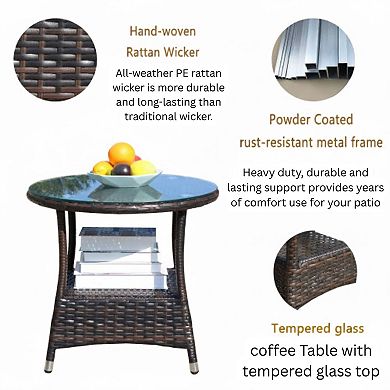 WOW PIONEER Round Outdoor Patio Coffee Table with Clear Tempered Glass Top