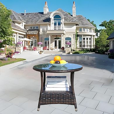 WOW PIONEER Round Outdoor Patio Coffee Table with Clear Tempered Glass Top