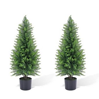 Artificial Cedar Topiary Trees Set of 2, Faux Pine Shrubs Plants,Realistic Potted Fake Cypress Tree