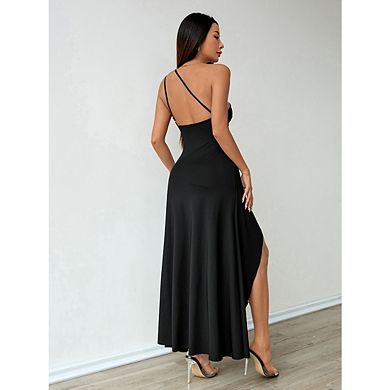 Women's Cocktail Dresses Elegant One Shoulder Pleated High Slit Solid Color Evening Dress