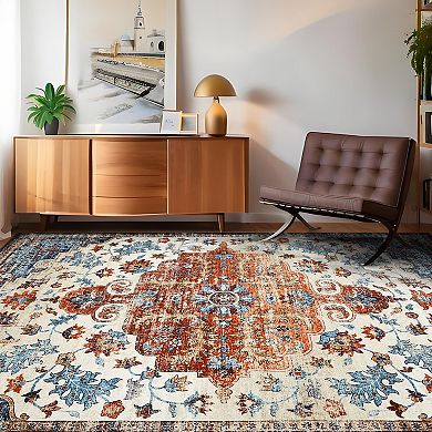 Ultra-Thin Vintage Area Rug Non-Slip Non-Shedding Machine Washable Rug for Living Room