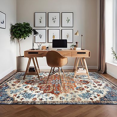 Ultra-Thin Vintage Area Rug Non-Slip Non-Shedding Machine Washable Rug for Living Room