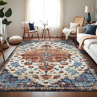 Ultra-Thin Vintage Area Rug Non-Slip Non-Shedding Machine Washable Rug for Living Room