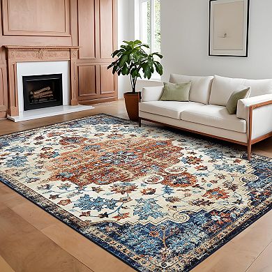 Ultra-Thin Vintage Area Rug Non-Slip Non-Shedding Machine Washable Rug for Living Room