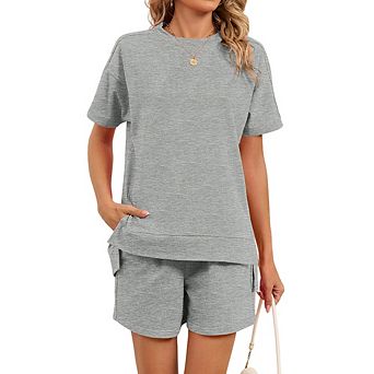 Women 2 pc Outfits Sweatsuits Summer Short Sleeve Loungewear Tracksuit Round Neck Lounge Sets
