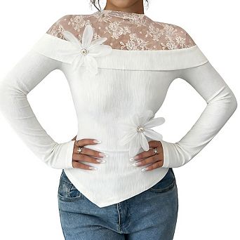 Womens Long Sleeve Off Shoulder Top Lace Flower Ribbed Fitted Blouse