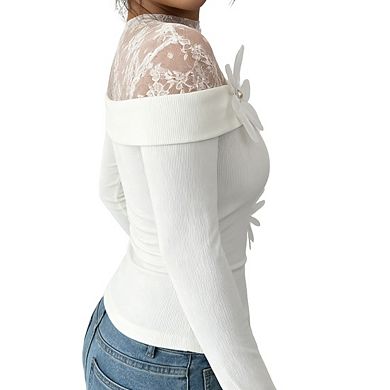Womens Long Sleeve Off Shoulder Top Lace Flower Ribbed Fitted Blouse