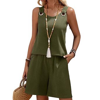 Women 2 pc Sets Summer Casual Oversized Halter Shirts Solid Shorts Outdoor Vacation Outfits