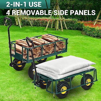 Heavy Duty Garden Wagon Cart with 180° Rotating Handle ＆ 10in All Terrain Wheels,Removable Sides