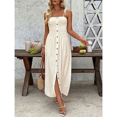 Women's Summer Dresses Sleeveless Spaghetti Strap Button Down Elegant Beach Vacation Dress