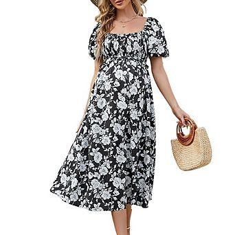Maternity Floral Midi Dress Square Neck Puff Sleeve Smocked Waist Pregnancy Dresses