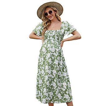 Maternity Floral Midi Dress Square Neck Puff Sleeve Smocked Waist Pregnancy Dresses
