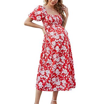 Maternity Floral Midi Dress Square Neck Puff Sleeve Smocked Waist Pregnancy Dresses