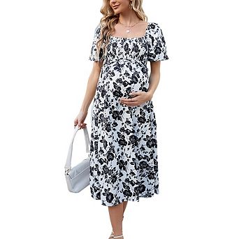 Maternity Floral Midi Dress Square Neck Puff Sleeve Smocked Waist Pregnancy Dresses