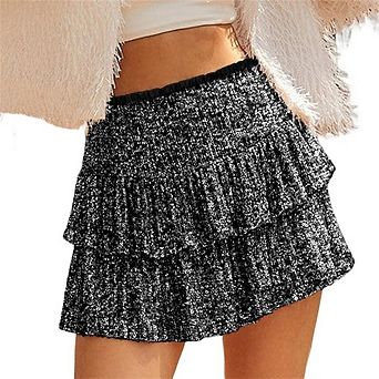 Women's Sequin Tiered Mini Skirt High Waist Ruffle Party Festival Skirt