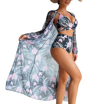 Women's Beach Cover Up Dress with Ruched Side Bikini Set High Waisted 3 pc Swimsuit