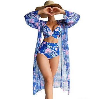 Women's Beach Cover Up Dress with Ruched Side Bikini Set High Waisted 3 pc Swimsuit