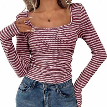 Women's Square Neck Slim Fit Knit Top Long Sleeve Striped Layering Casual T-Shirt