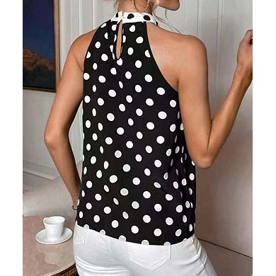 Women's Polka Dot Halter Neck Tie Top Sleeveless Casual Blouse