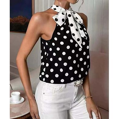 Women's Polka Dot Halter Neck Tie Top Sleeveless Casual Blouse