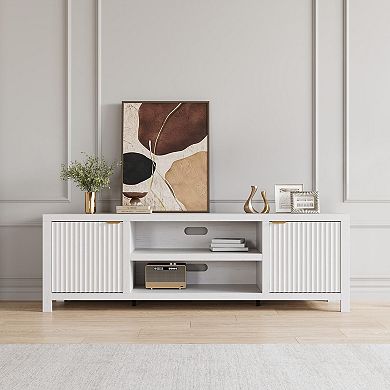 Fluted TV Stand for 75 Inch, Modern Entertainment Center with Storage, Fluted Door and Gold Handle