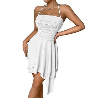 Womens Summer Casual Off Shoulder Mini Dresses Backless Ruched Bodycon Halter Neck Flowy Ruffle