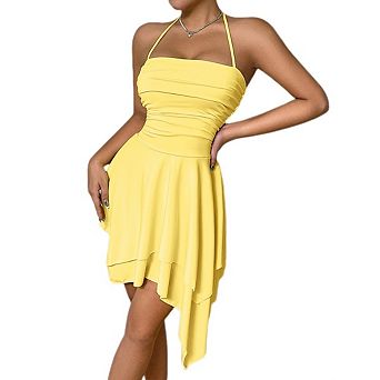 Womens Summer Casual Off Shoulder Mini Dresses Backless Ruched Bodycon Halter Neck Flowy Ruffle