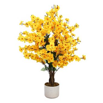Faux Wintersweet Tree with Lifelike Plum Blossoms and Planter Artificial Potted Plant for Indoor