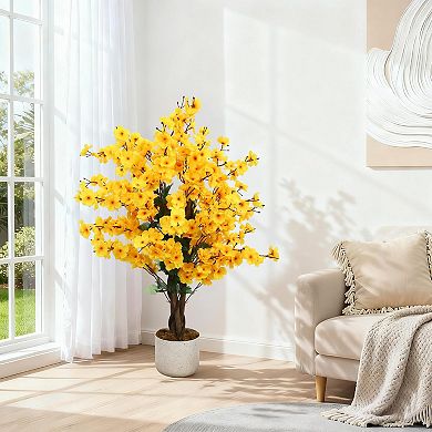 Faux Wintersweet Tree with Lifelike Plum Blossoms and Planter Artificial Potted Plant for Indoor