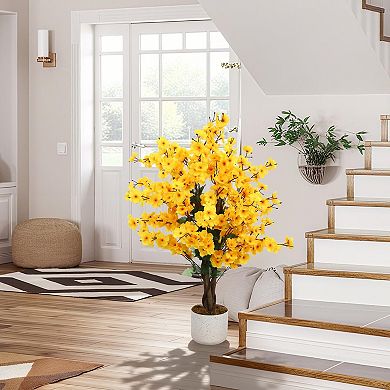 Faux Wintersweet Tree with Lifelike Plum Blossoms and Planter Artificial Potted Plant for Indoor