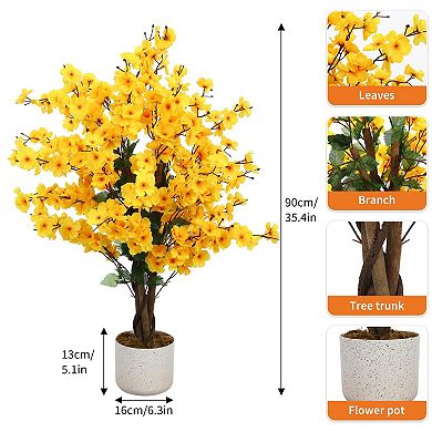 Faux Wintersweet Tree with Lifelike Plum Blossoms and Planter Artificial Potted Plant for Indoor