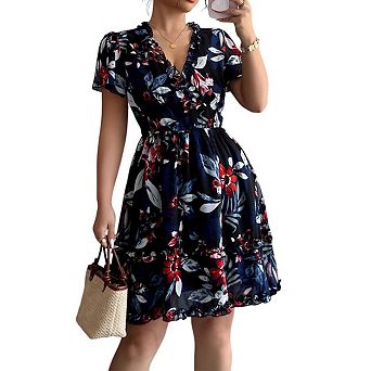 Women's Summer Casual Floral Dress V Neck Short Sleeve Boho Ruffle Flowy A-Line Dresses