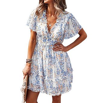 Women's Summer Casual Floral Dress V Neck Short Sleeve Boho Ruffle Flowy A-Line Dresses