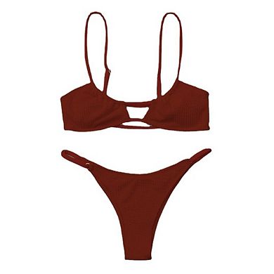 Women's Ribbed Triangle Bikini Sets O Ring Linked Swimsuit Set Textured Bathing Suit