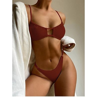 Women's Ribbed Triangle Bikini Sets O Ring Linked Swimsuit Set Textured Bathing Suit